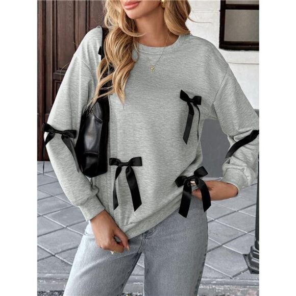 Bow Detail Round Neck Sweatshirt - Picture 1 of 7